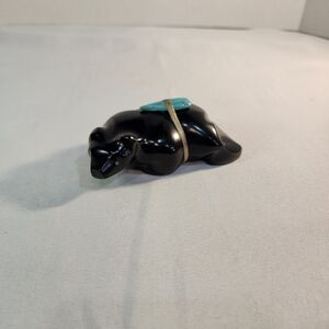 Zuni Fetish Bear Carved from Black Stone by Herbert Halate with Turquoise